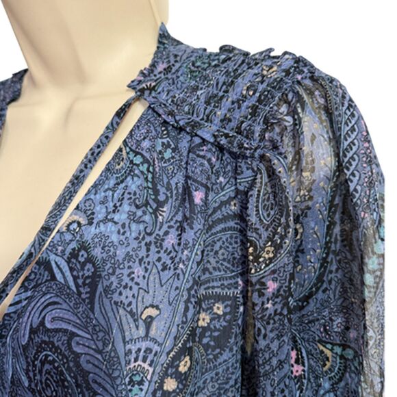 Lucky Brand Paisley Blue Print Sheer Long Sleeve Boho Top Size M - Picture 7 of 13